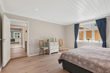 Modern luxury bedroom interior in minimal scandinavian style, 3d render