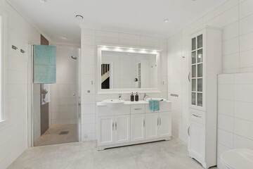 Modern bathroom interior in minimal scandinavian style, 3d render