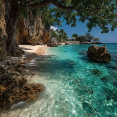 Tropical beach cove with clear turquoise water and rocky cliffs