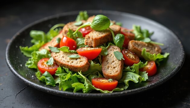 Closeup food photo presents Caesar salad on plate. Bread croutons, tomatoes, greens and basil leaves combine tasty fresh dish. Meal stands out against black background in studio shot.