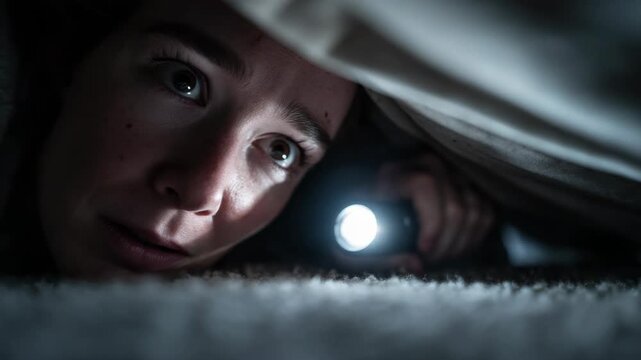 Scared Woman Hiding Under Bed with Flashlight in Dark Room