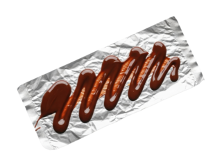 Silver wrapper with fluid chocolate streak patterns white background