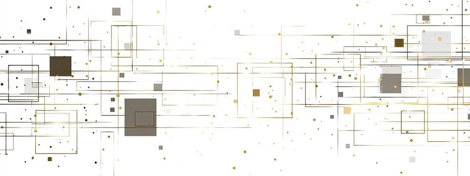 Abstract data visualization squares, lines, and dots in gold and grey. Clean, modern, digital design