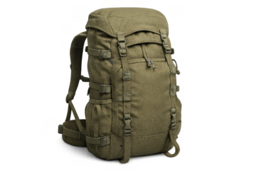 Olive green tactical outdoor backpack for hiking trekking camping and travel adventures, isolated on transparent background