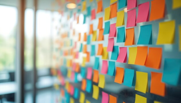 Colorful sticky notes attached to glass wall in office. Bright paper memo stickers represent team work collaboration ideas. Visual concept of brainstorming session and innovation.