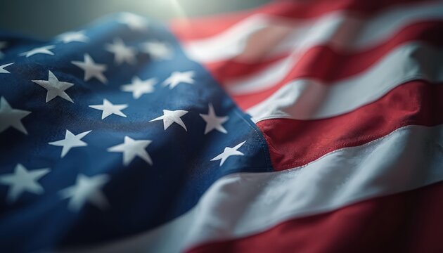 Close-up of United States flag with white stars on blue background and red white stripes. American flag waving with light source creating bokeh effect. Stars and stripes pattern with textured fabric. - Powered by Adobe