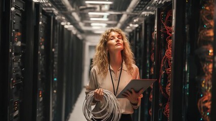 Data Center Visionary: An IT professional, immersed in the digital realm, inspects a vast server room, holding cables and a tablet with focused determination, embodying technological expertise.