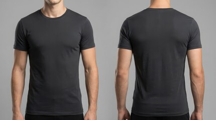 Front and Back Views of a Man Wearing a Dark Grey TShirt