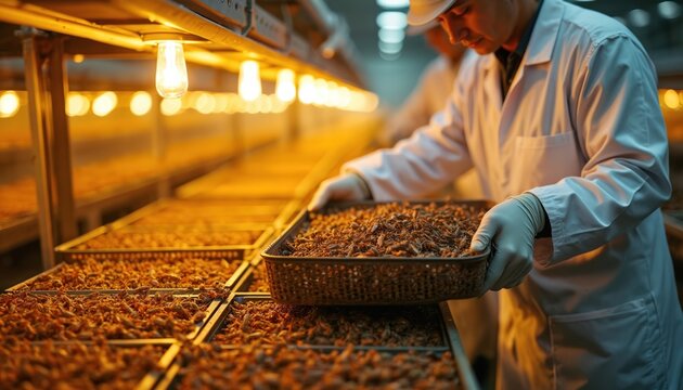 Farmer wears gloves, white coat harvests crickets from trays inside clean high tech farm. Daytime indoor facility grows protein rich insects for sustainable future food production.