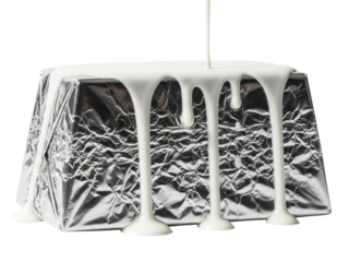 Silver metallic chocolate wrapper featuring flowing milk drips white background
