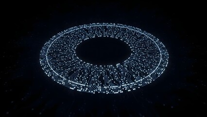 Circular halo made entirely of thin circuit lines and connection nodes, glowing softly in the center of a dark abstract background, minimal high-tech design