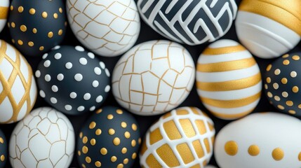 Close-up of a collection of decorated Easter eggs with various patterns in gold, white, and dark blue colors.
