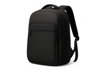 Minimalist black backpack for school, travel, and business on transparent background, carrying daily essentials