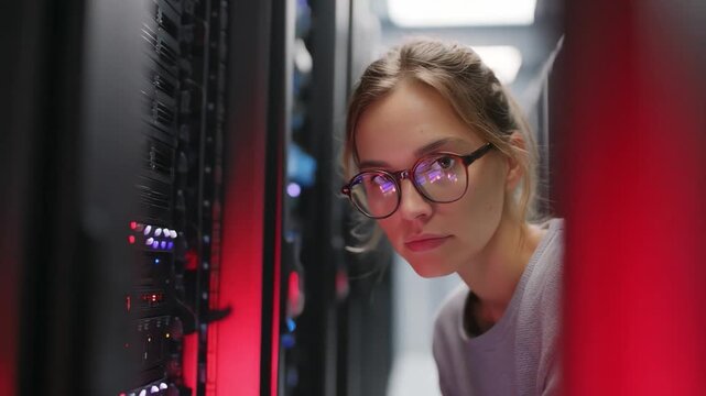 Data Center Analyst: A focused analyst examines complex server racks, bathed in the cool light of the data center, a picture of expertise and dedication in the digital age.