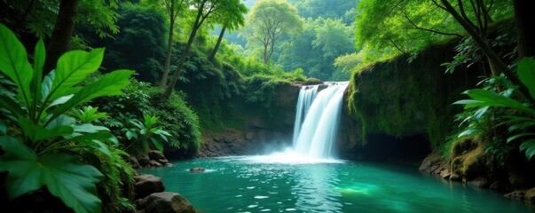 Emerald cascade plunges into lush Thai jungle, image, tourism, nature