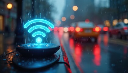Rainy city street displays glowing WiFi signal on pavement marker. Blurred traffic streams past illuminated vehicles creating dynamic urban scene. Digital connectivity thrives in wet night atmosphere.