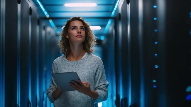 Tech Explorer in Data Center: An IT professional navigates a futuristic data center corridor, tablet in hand, surveying the server racks amidst glowing blue lights.
