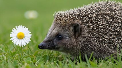 European hedgehog sniffing a daisy flower in a green meadow