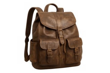 Brown leather backpack with front buckle pockets, perfect for travel, college, or daily use, featuring a classic vintage design