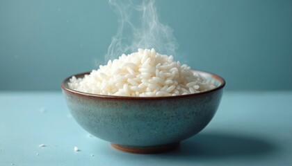 Steaming bowl of white rice with wisps of smoke rising. Simple composition features blue ceramic dish on light blue surface, ideal for food blogs or asian cuisine themes.