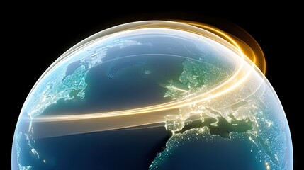 A 3D rendered image of planet Earth with glowing lines and city lights, set against a black background.