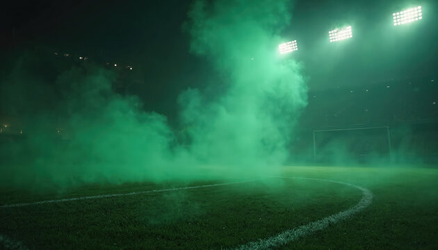 Soccer stadium night scene with green smoke across field. Bright stadium lights illuminate. Football match with fog. Sport event with lights, green smog. Soccer gate view in smog night.