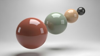 Four or five 3D spheres arranged in a diagonal line, different sizes, soft reflections, bright neutral background