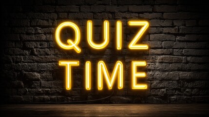Bright Neon Quiz Time Sign on Brick Wall