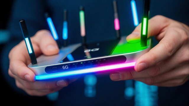 Man holding a 6g network router with colorful neon lights. Next generation wireless technology device for fast internet connection. Advanced communication.

 - Powered by Adobe