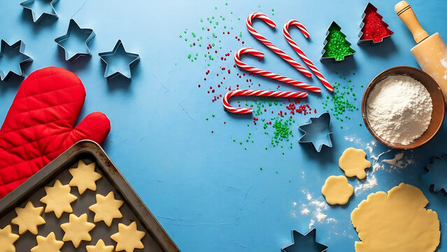  Red Heart Shaped Baking Dish with Cookie Cutters and Candy Canes on Blue Background
