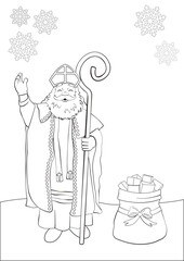 Sinterklaas, Saint Nicholas with mitre, coat, crook, sack of gifts and snowflakes around colouring page . Stock vector illustration