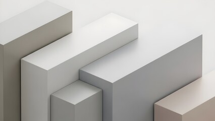Several rectangular 3D blocks aligned diagonally, different heights, light neutral palette, soft shadow, minimal graphic composition