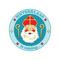 Sinterklaas face with stars on dark blue background. St. Nicholas is coming text around. Holiday round banner. Hand drawn Dutch culture folklore character. Vector illustration
