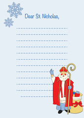 Letter template to St. Nicholas.Vector Illustration of Santa Claus with mitre and sack of presents on the background