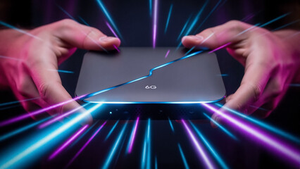 Man holding a 6g device with neon light trails. Future wireless technology and high-speed internet. 6g network, edge computing, innovation concept.