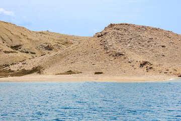 Seascapes, panorama of the sea and slopes, holidays on the island of Pag, Croatia
