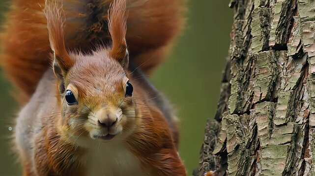 squirrel, Sciurus vulgaris, sits on the broken branch of a pine tree and nibbles on sunflower