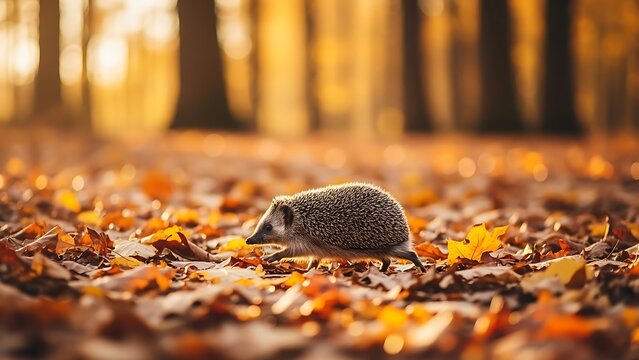 Adorable hedgehog foraging in autumn leaves in a golden forest