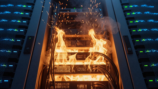 Server rack on fire with flames and sparks inside a data center. Network hardware failure and cybersecurity risk in an industrial environment.