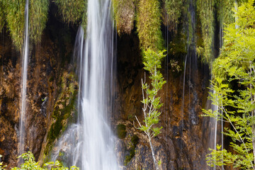 Waterfall in a green forest, summer landscape on a sunny day. Plitvice Lakes, Croatia
