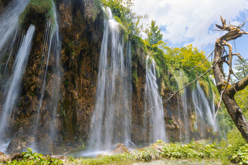 A beautiful waterfall in an old forest flows down a cliff.