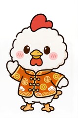 Cute chibi rooster mascot with round fluffy head, wide bright eyes, rosy cheeks, soft painted outlines, wearing orange festive outfit with lucky motifs, lively standing pose, white background