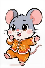 Fototapeta premium Cute chibi mouse mascot with a big round head, large sparkling eyes, rosy cheeks, soft brush outlines, wearing an orange traditional New Year outfit with lucky patterns, joyful playful pose