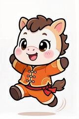 Fototapeta premium Cute chibi horse mascot with round fluffy head, big twinkling eyes, warm blush cheeks, soft strong outlines, wearing traditional orange New Year outfit, lively energetic pose, white background.