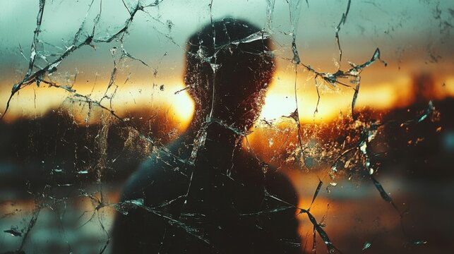 Silhouette of a Person Behind Cracked Glass at Sunset