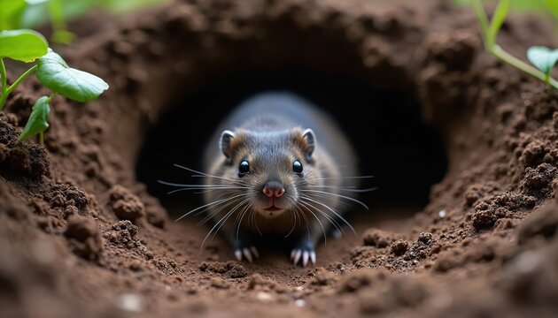 A curious mole emerges from its dark burrow. The small mammal is surrounded by rich brown soil. Nature and wildlife concept shows an underground creature - Powered by Adobe