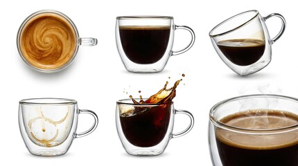 Various coffee drinks in insulated transparent glass cups, isolated on white