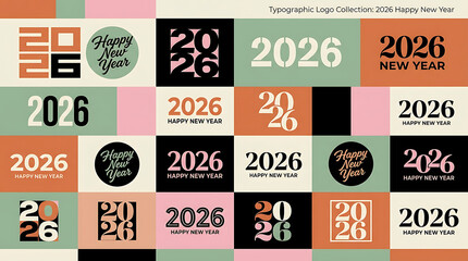 Obraz premium Big Set of 2026 Happy New Year logo text design. 2026 number design template. Collection of 2026 Happy New Year symbols. Vector illustration with labels isolated on colorful background.