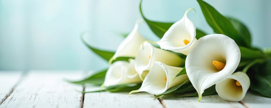 White calla lilies and green leaves arranged on white wood. Delicate flower petals with yellow centers create elegant display. Soft blue background provides calm mood.