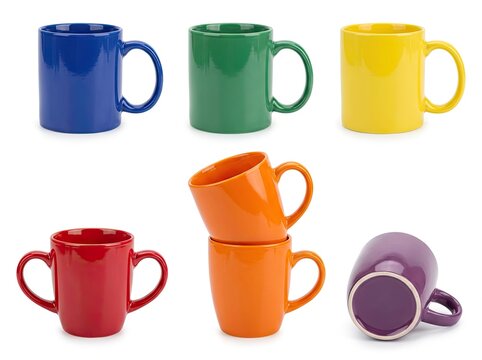 Vibrant collection of colorful ceramic mugs isolated on a white background